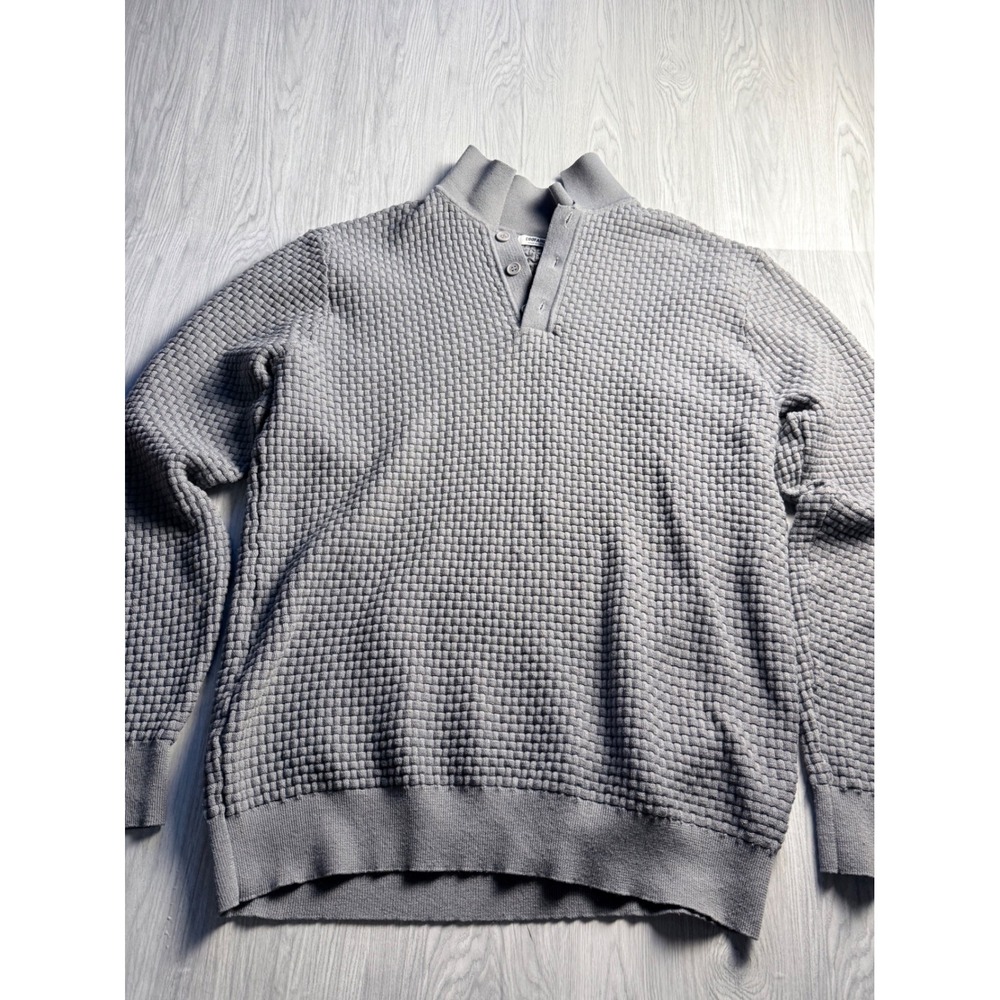 Coofandy Mens Grey Waffle Knit Quarter Button Mock Neck Pullover Sweater XL